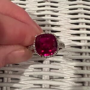 Cushion Cut Stirling Silver CZ Ruby Cocktail Ring with Halo